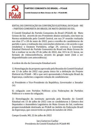 PCdoB/MS convoca Convenção Eleitoral Estadual